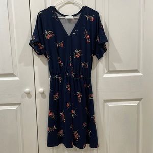 French Grey Red Floral and Navy Blue Dress with Ruffle Sleeves